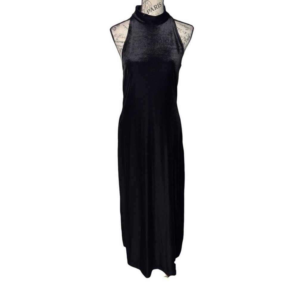 Vtg All That Jazz Womens Maxi Dress‎ Black Velvet Halterneck Goth Evening Gown